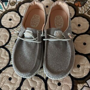 Hey Dude Silver Moccasins with Shimmering Finish